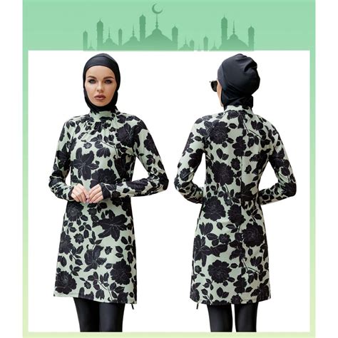 Green Leave Swimming Suit Muslimah With Hijab Set Pieces Baju Mandi