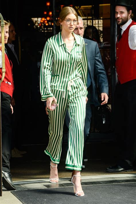 In Striped Silky Pajamas Gigi Manages To Keep Her Look Elevated With Gigi Hadid Street Style