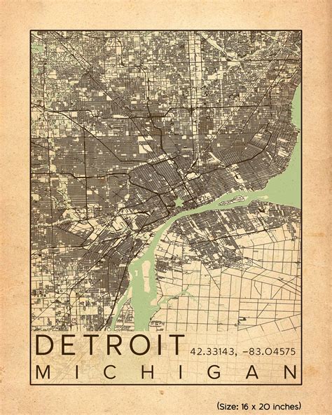 Detroit City Map Print Poster Antique Vintage Aged Detroit Etsy