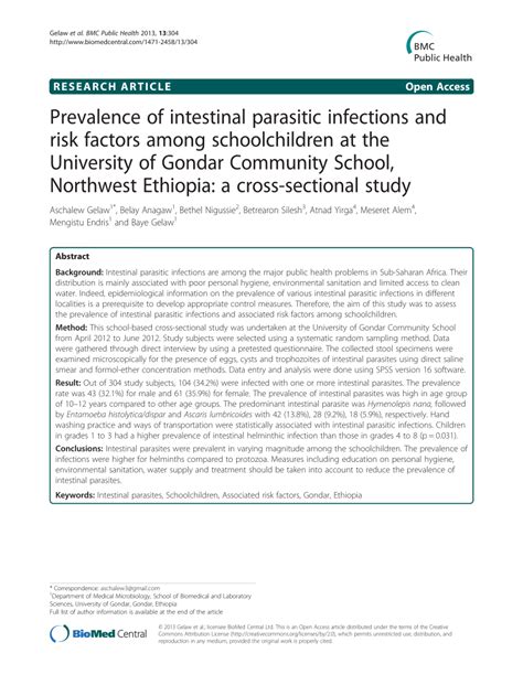 Pdf Prevalence Of Intestinal Parasitic Infections And Risk Factors