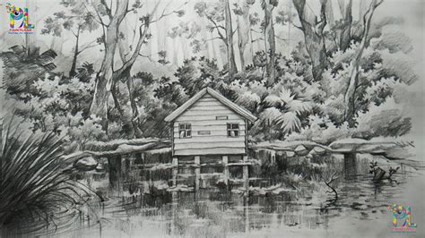 How To Draw And Shade A Landscape In A Forest With Pencil Sketching
