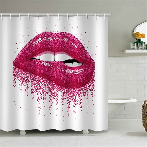 Lip Shower Curtain Set Glistening Red Lips White Background Fabric Bath