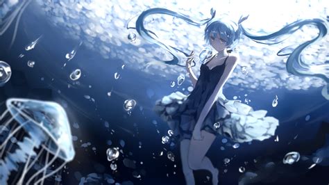 Hatsune Miku Underwater Smiling Water Bubbles Twintails Black Dress
