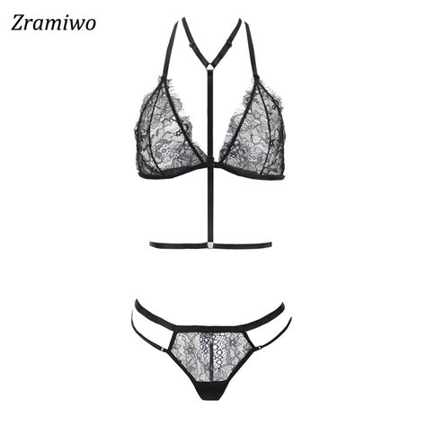 zramiwo women lace bra set harness bra and panty sexy lingerie set sheer underwear see through