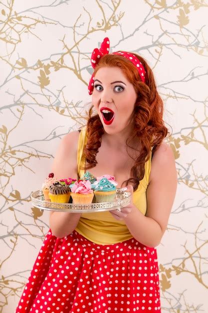 Premium Photo View Of A Beautiful Pinup Redhead Girl Holding A Tray
