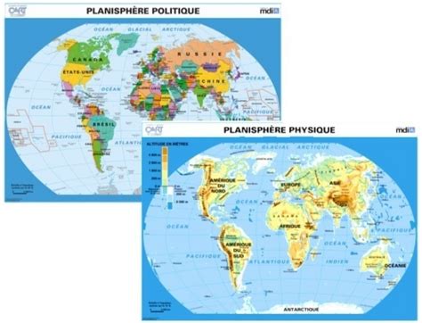 Carte murale Planisphère Relief - Planisphère politique et Planisphère physique | Éditions MDI