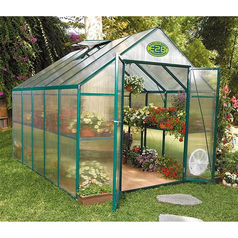 A plexiglass roof joins the greenhouse to the heated garden room. EasyGrow™ 8x12' Backyard Greenhouse - 168686, Greenhouses at Sportsman's Guide