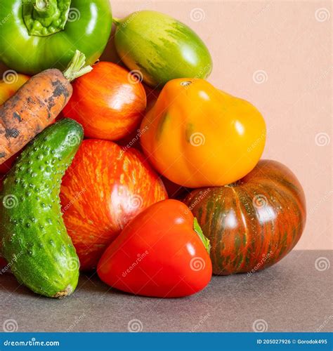 Still Life Composed Of A Rich Crop Of Fresh Vegetables Farm Tomatoes