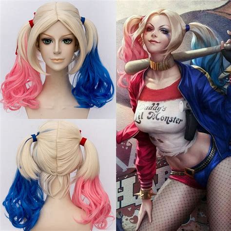 Suicide Squad Harleen Quinzel Harley Quinn Costume Cosplay Wig Heat Resistant Free Cap Track
