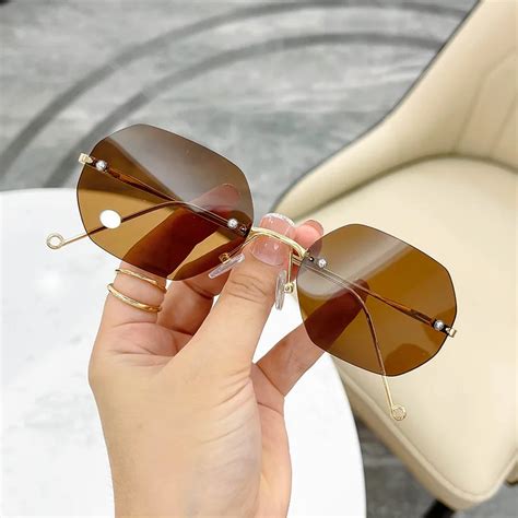 retro polygon round women sunglasses fashion rimless clear ocean gradient lens eyewear metal