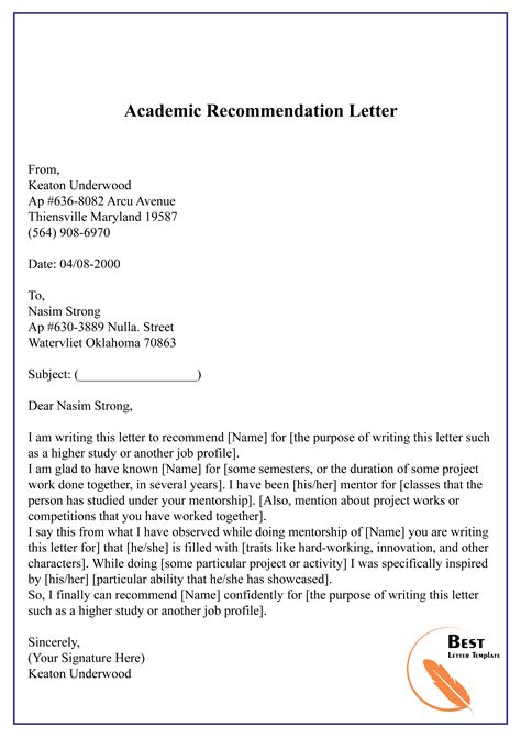 Academic Recommendation Letter 01 Best Letter Template