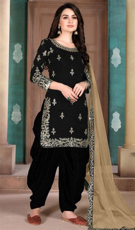 Black Color Silk Embroidered Patiala Suit In 2020 Patiala Dress