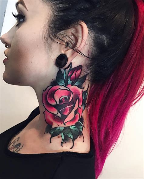 Neck Rose In Vibrant Pink Best Tattoo Design Ideas