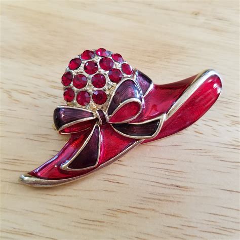 Vintage Red Hat Brooch Pin Red Enamel And Red Rhinestones Etsy