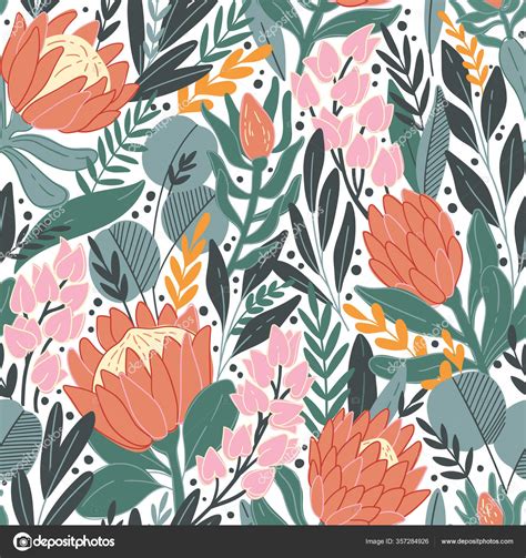 Protea And Eucalyptus Leaves Pattern Seamless Vector Motif For