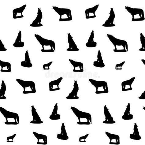 Seamless Pattern Silhouette Of A Black Wolf Howling On A White