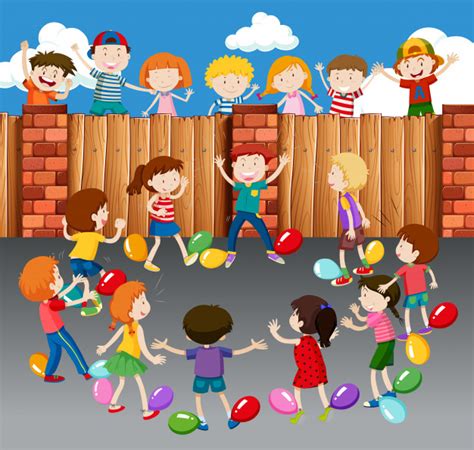 Salir a la calle hace que liberen las tensiones del día, sin estar sometidos a directrices. Niños jugando globos en la calle | Vector Premium