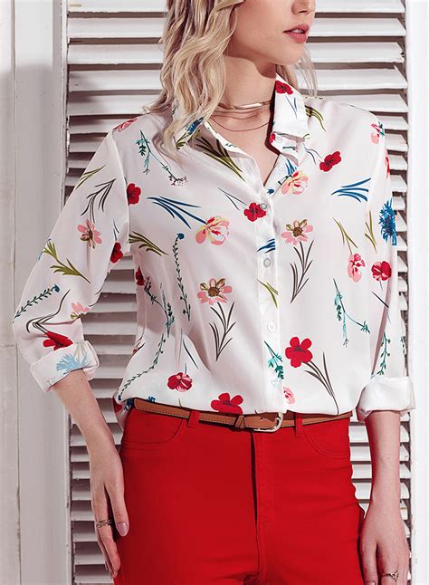 White Women's Floral Print Long Sleeve Turn-Down Collar Loose Button 