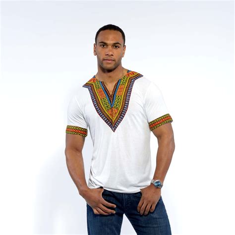 Mens African Print Dashiki T Shirt White African Clothing For Men