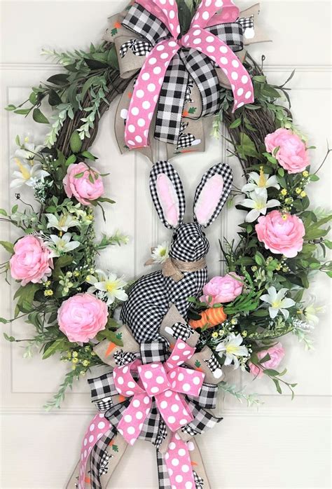 Easter Bunny Wreath Easter Wreath Black And White Plaid Bunny Etsy