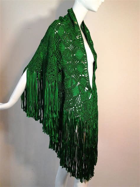 Macrame Ribbon Fringed Shawl In Vibrant Emerald Green At 1stdibs