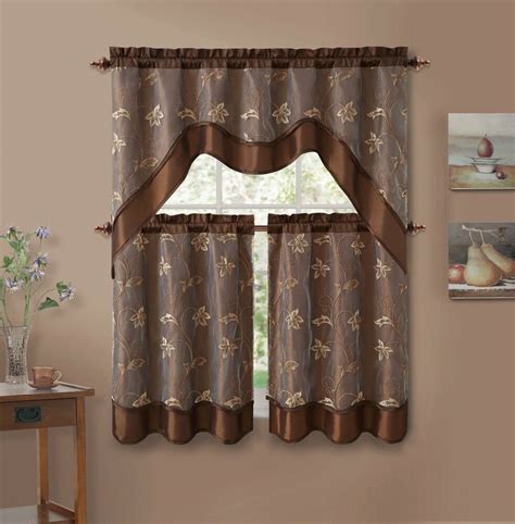 Hanging curtains around windows is a sure way to style up a room, bring in some color, and even make the space look a little bigger. 3 Piece Chocolate Brown Leaf Embroidered Kitchen Window ...