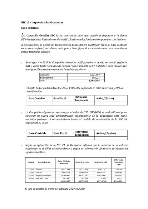 Casos Nic 12 19 09 Nic 12 Impuesto A Las Ganancias Caso Práctico La Compañía Gestión Sac Lo