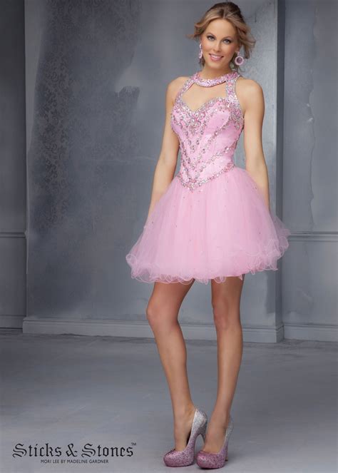 Mori Lee Pucker Up Pink Beaded Open Back Prom Dresses Online Inexpensive Homecoming