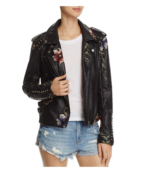 Blank Nyc Floral Embroidered Studded Faux Leather Moto Jacket In Black