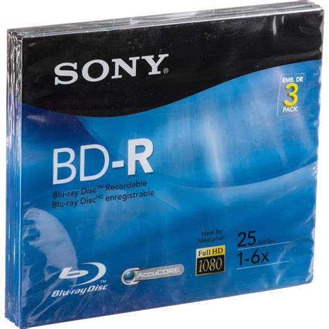 Sony BD R Blu Ray Recordable Disc 6x 25 GB With Slim 3BNR25R3H