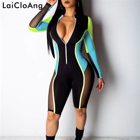 Laicloang Mesh Patchwork Skinny Sexy Jumpsuit Women Long Sleeve Front Zipper Summer Playsuit