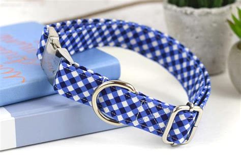 Dog Collar Blue Gingham Print Cotton Fabric Collar Pinned By
