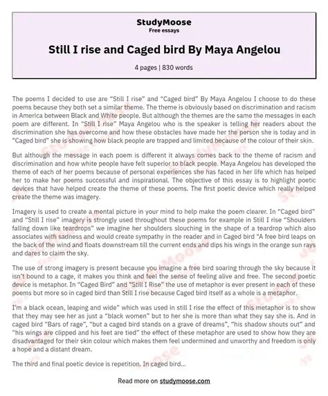 Still I Rise And Caged Bird By Maya Angelou Free Essay Example