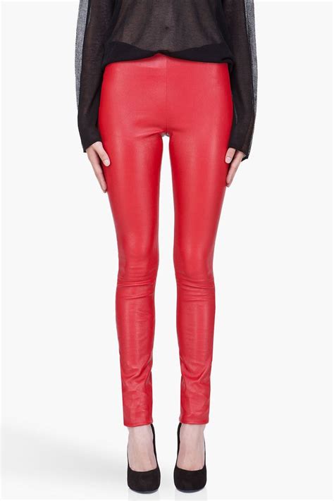 Pebbled Leather Stretch Leggings In Red Concealed Zip Closure At Side Seam Tonal Stitching