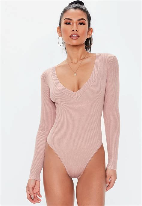Pink Ultimate Plunge Knitted Bodysuit Missguided Knit Bodysuit
