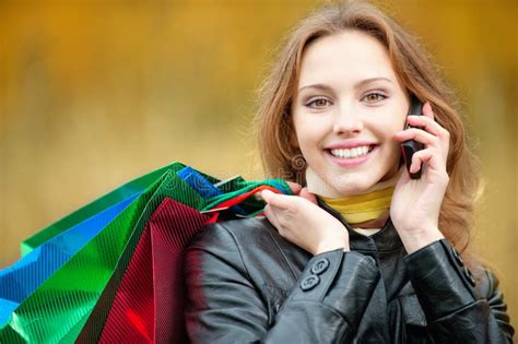 Young Woman With Shopping Stock Photo Image Of Cellphone 19091944