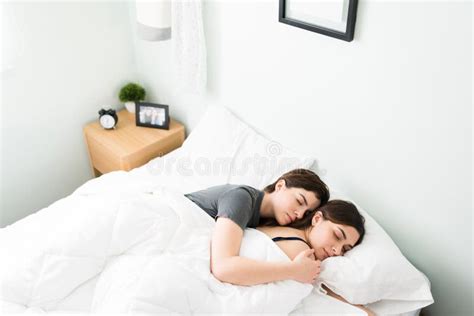 Loving Girlfriends Sleeping In A Big Comfortable Bed Stock Photo Image Of Home High