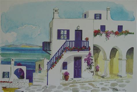 Greek House And Seaview Painting By S Simitis Pixels