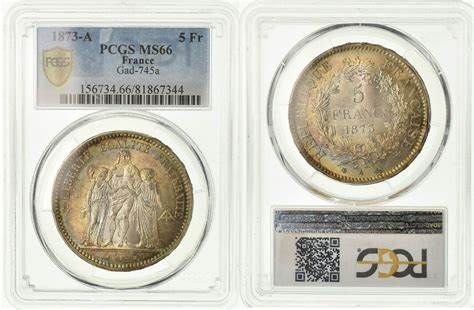 France 5 Francs 1873 A Coin Hercule Paris Pcgs Ms66 Silver Km820