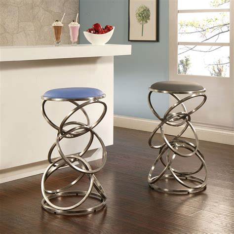 Super Unique Steel Base Modern Roxanne Backless 2 Counter Height Stool In Stainless With Light Blue Leatherette For Simple Modern Bar With Wooden Floor 