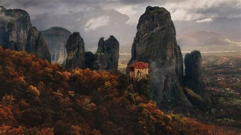 Rock Formation Town Clouds Nature Kalampaka Mountains Forest