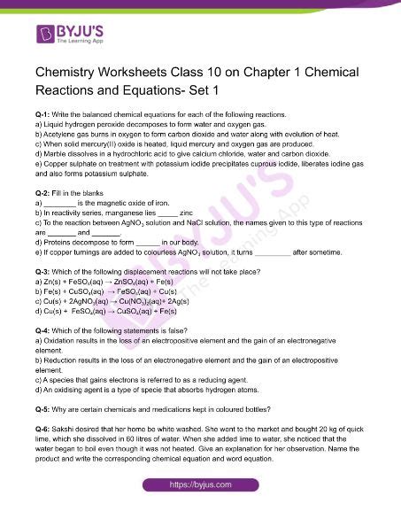 Class 10 Chemistry Worksheet On Chapter 1 Chemical Reactions And