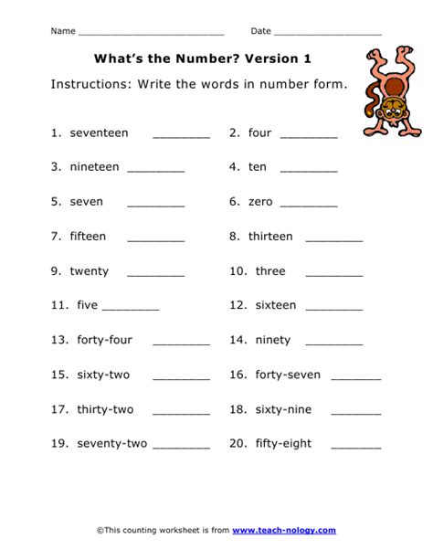 Word Form For Numbers Worksheets