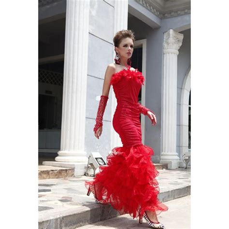 Stuning Mermaid Strapless Red Organza Ruffle Feather Evening Prom Dress