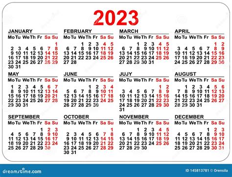 Plantilla De 2023 Calendarios Aislada En Blanco Rejilla Horizontal
