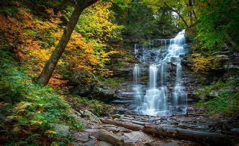 Waterfall Cascade River Forest Autumn Stones Pennsylvania Wallpaper