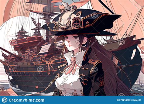 Anime Girl Pirate On The Background Of The Ship Generative Ai