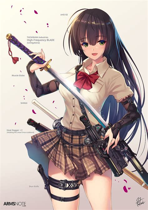 Anime Chicas Anime Pelo Largo Morena Ojos Verdes Espada Arma