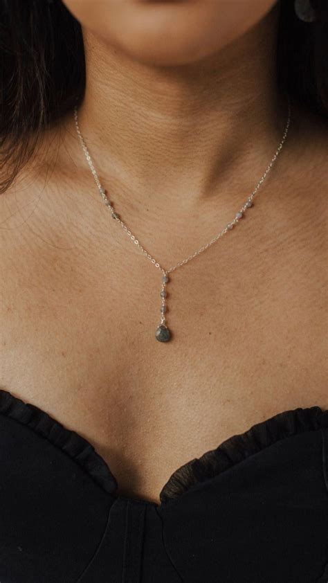 Labradorite Gemstone Lariat Necklace In Sterling Silver Gemstone
