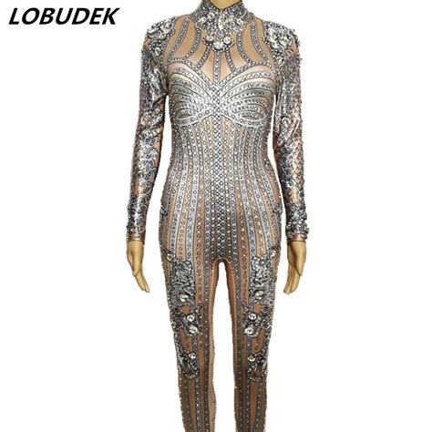 Sparkly Glass Stones Jumpsuit Crystals Sexy Leotard Stretch Female Rompers Nightclub Singer Pole